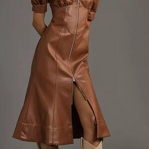 By Anthropologie Faux-Leather Puff-Sleeve Zip-Front Midi Dress